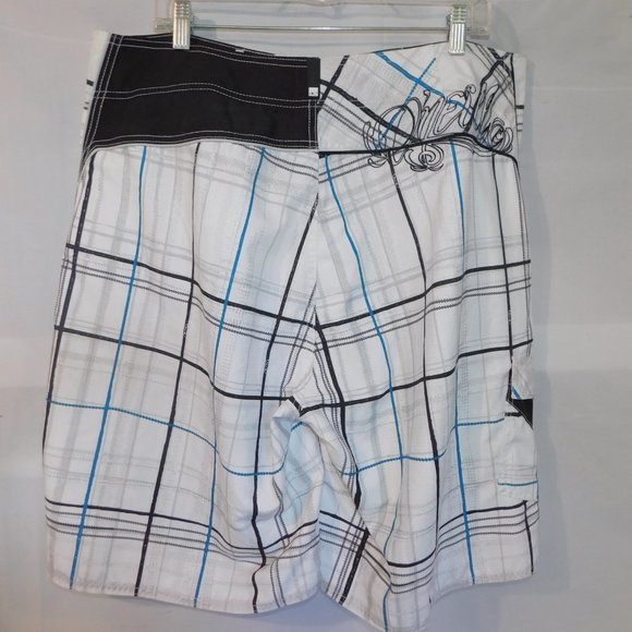 O'neill Mens 38 White Black Blue Check Plaid Unlined Board Shorts - Picture 9 of 12